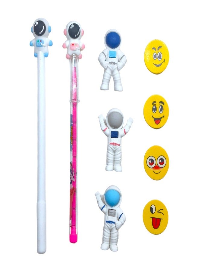 GOLD MAX 2 pc Astronaut Theme Space Design Lead Push Pencils, 3 pc Spaceman Erasers and 4pc Smiley Attractive erasers Birthday Gift Return Gifts for Kids - Image 1